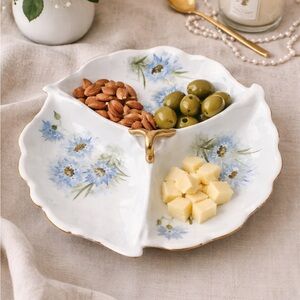 Vintage Hand-Painted Porcelain Divided Serving Dish | Blue Floral | Gold Handle